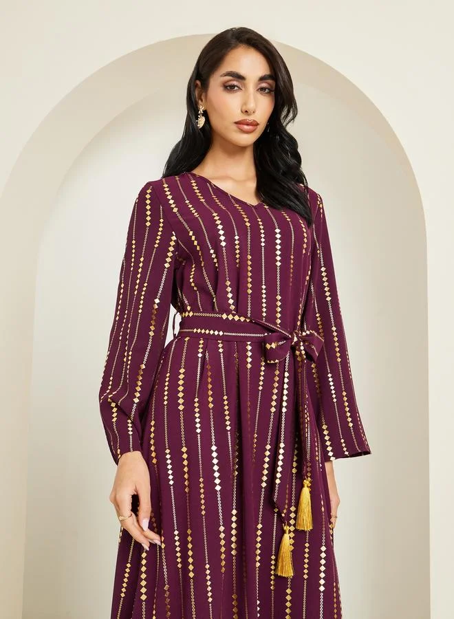 Amirah Women Foil Print Jalabiya with Tassel Trim Belt