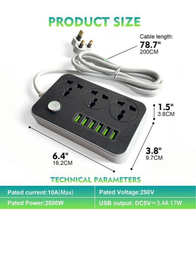 مشترك كهرباء سمارت بـ 3 مقابس و6 منافذ يو اس بي 2متر - Image 1