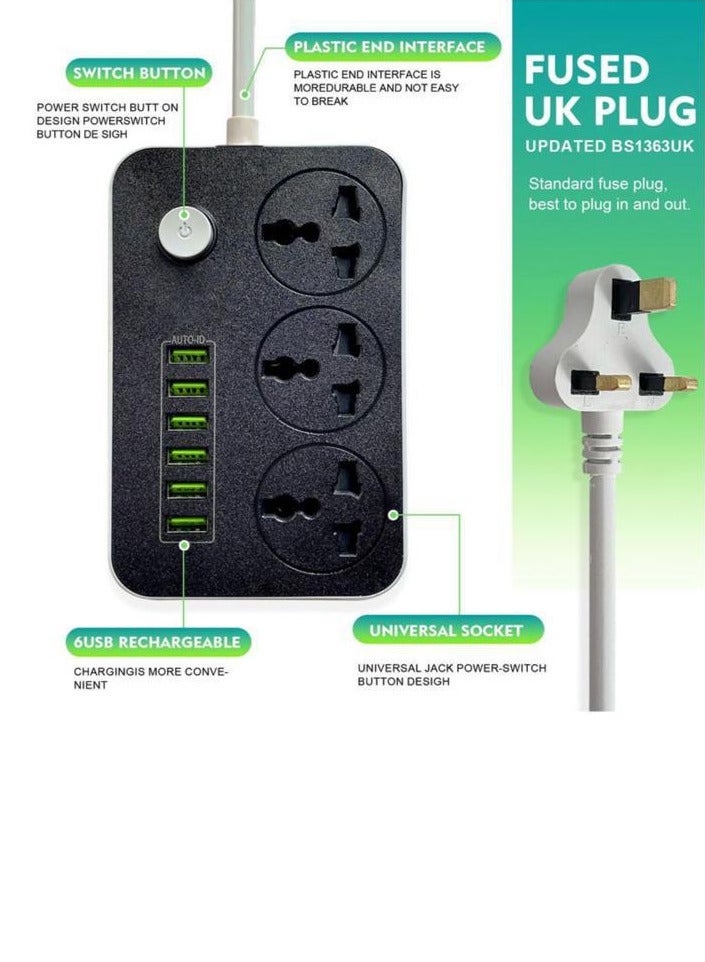 مشترك كهرباء سمارت بـ 3 مقابس و6 منافذ يو اس بي 2متر - Image 3
