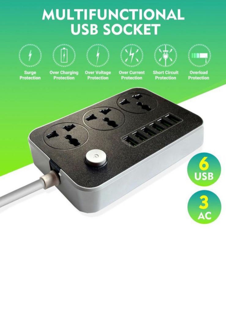 مشترك كهرباء سمارت بـ 3 مقابس و6 منافذ يو اس بي 2متر - Image 5