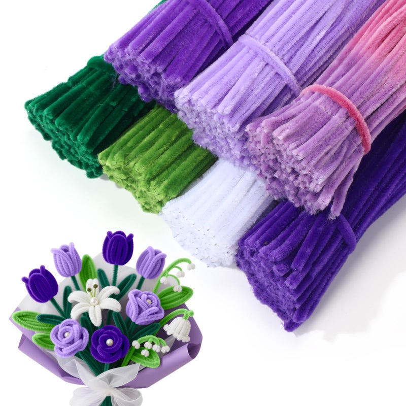 DaisyInner 700 Pcs Pipe DIY Cleaners for Craft Cleaners Flower Pipe Bulk Pastel Chenille Stems Flower Gradient Colored Fluffy for Valentine's Day School Party Decor(Purple Theme) - Image 1