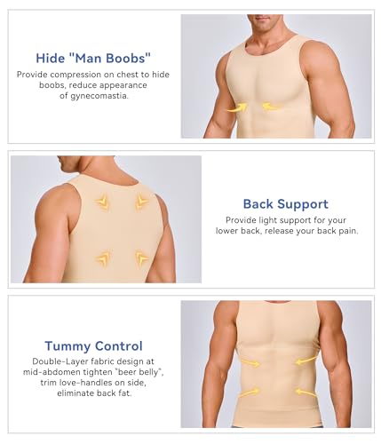 Eleady Mens Slimming Body Shaper Vest Compression Shirt Abs Abdomen Shapewear Workout Tank Top Undershirt (Large, Beige Tops) - Image 2