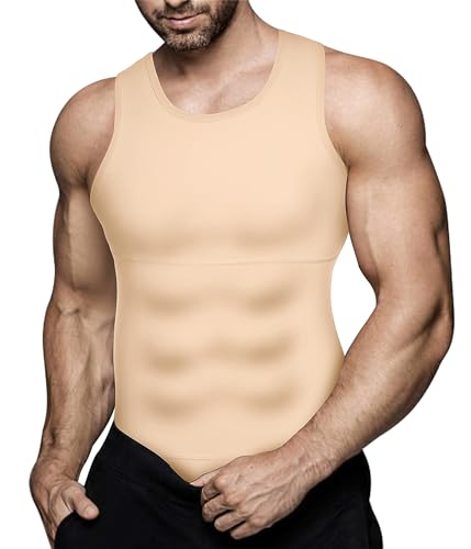 Eleady Mens Slimming Body Shaper Vest Compression Shirt Abs Abdomen Shapewear Workout Tank Top Undershirt (Large, Beige Tops) - Image 1