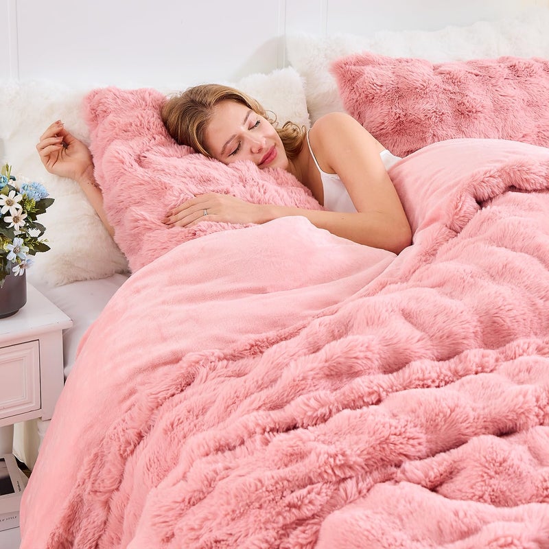 Lotus Karen Lotus Karen Fluffy Comforter Cover Set-Rabbit Fluff Faux Fur Duvet Cover Queen Size Old Pink Plush Fuzzy Furry Bedding Sets 3Pieces(1 Duvet Cover & 2 Pillow Shams) Zipper Closure  - Image 3