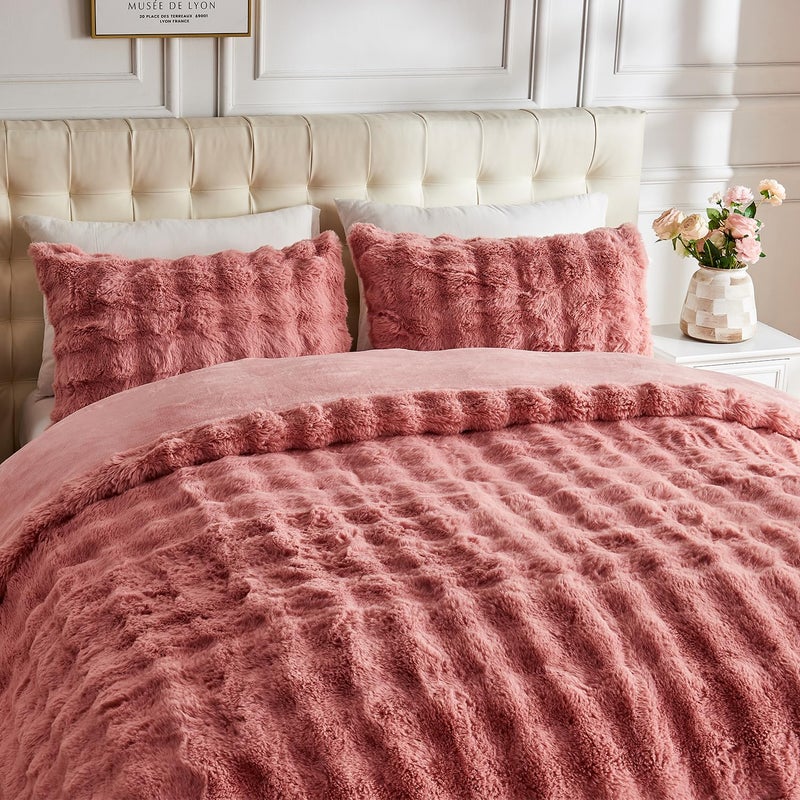 Lotus Karen Lotus Karen Fluffy Comforter Cover Set-Rabbit Fluff Faux Fur Duvet Cover Queen Size Old Pink Plush Fuzzy Furry Bedding Sets 3Pieces(1 Duvet Cover & 2 Pillow Shams) Zipper Closure  - Image 5