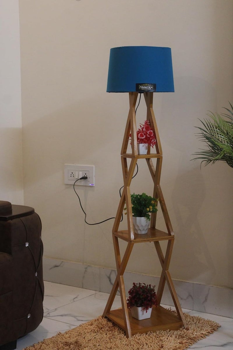 FN Wood Lamp With Home Decor Corner Design Blue Drum Shade, Bulb, Wiring And Holder Included Pack Of 1, Led - Image 3