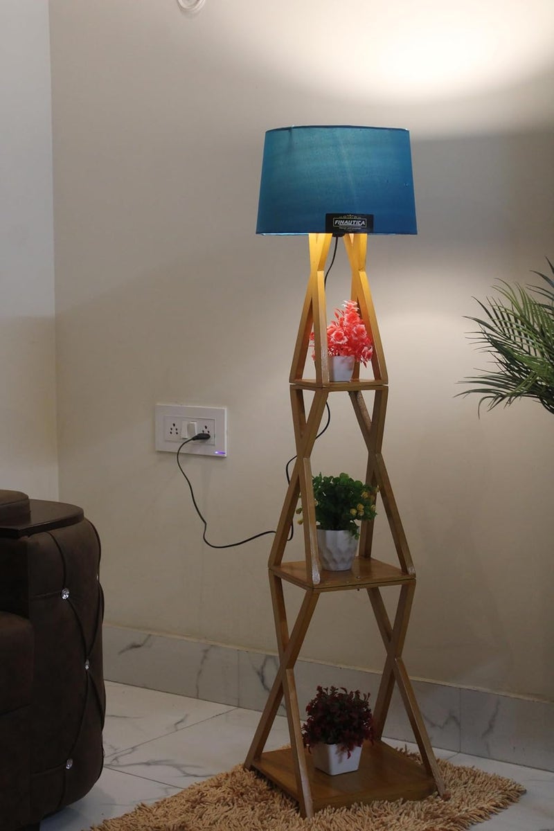 FN Wood Lamp With Home Decor Corner Design Blue Drum Shade, Bulb, Wiring And Holder Included Pack Of 1, Led - Image 1