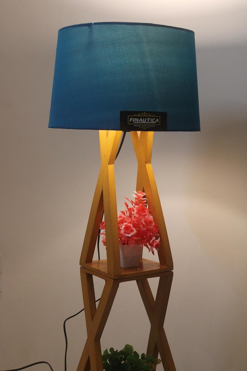 FN Wood Lamp With Home Decor Corner Design Blue Drum Shade, Bulb, Wiring And Holder Included Pack Of 1, Led - Image 2