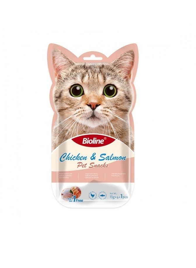 Bioline علاجات القطط من بيولين دجاج مطبوخ وسالمون 5X15غ