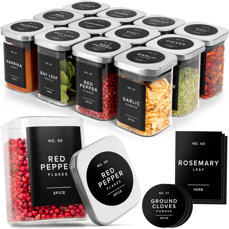 EDELHAUS Glass Spice Jars with Steinless Seel Lids (12 x 6.4oz) Glass Spice Containers, Square Spice Jars with Labels 160, Seasoning Jars Organizer for Kitchen & Pantry - Image 1