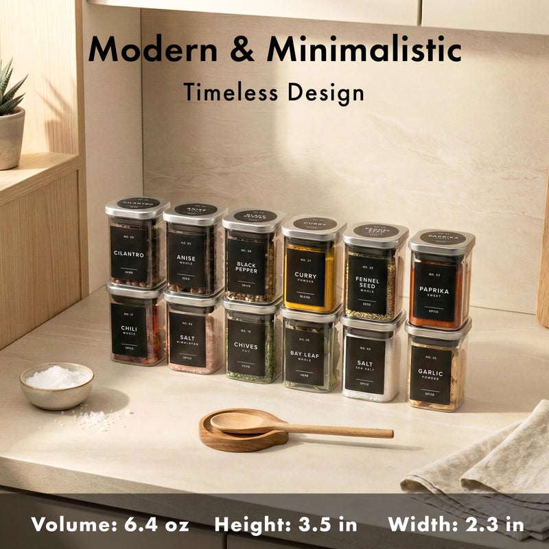 EDELHAUS Glass Spice Jars with Steinless Seel Lids (12 x 6.4oz) Glass Spice Containers, Square Spice Jars with Labels 160, Seasoning Jars Organizer for Kitchen & Pantry - Image 2
