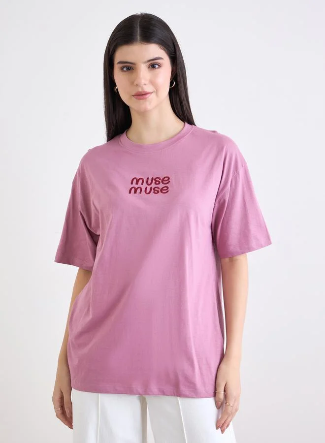 Styli Pink Embroidered Oversized 100% Cotton T-Shirt