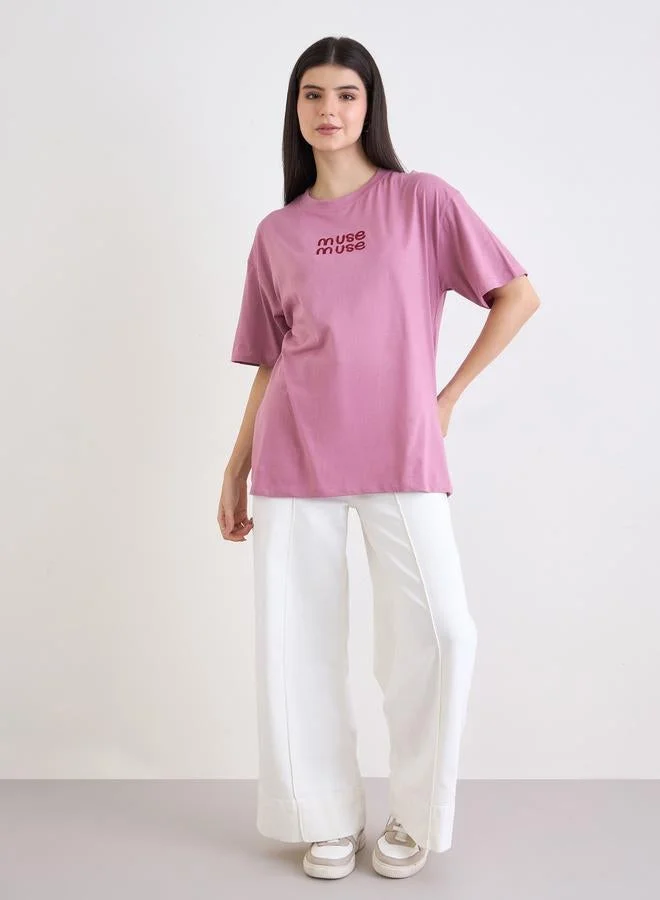 Styli Pink Embroidered Oversized 100% Cotton T-Shirt