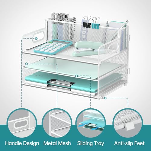 SUPEASY 3 Tier Desk Organizer with Handle & 3 Pen Holders, Mesh Paper/File Organizer for Desk, Paper Letter Tray Organizer for Office Supplies (White), 1 Pack, 3CST-3PH - Image 3