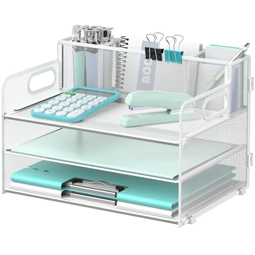 SUPEASY 3 Tier Desk Organizer with Handle & 3 Pen Holders, Mesh Paper/File Organizer for Desk, Paper Letter Tray Organizer for Office Supplies (White), 1 Pack, 3CST-3PH - Image 1