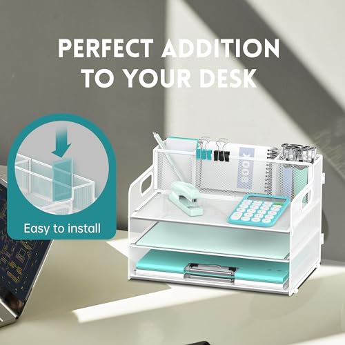 SUPEASY 3 Tier Desk Organizer with Handle & 3 Pen Holders, Mesh Paper/File Organizer for Desk, Paper Letter Tray Organizer for Office Supplies (White), 1 Pack, 3CST-3PH - Image 4