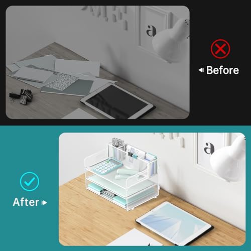 SUPEASY 3 Tier Desk Organizer with Handle & 3 Pen Holders, Mesh Paper/File Organizer for Desk, Paper Letter Tray Organizer for Office Supplies (White), 1 Pack, 3CST-3PH - Image 5