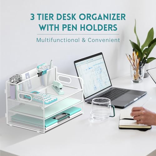 SUPEASY 3 Tier Desk Organizer with Handle & 3 Pen Holders, Mesh Paper/File Organizer for Desk, Paper Letter Tray Organizer for Office Supplies (White), 1 Pack, 3CST-3PH - Image 2