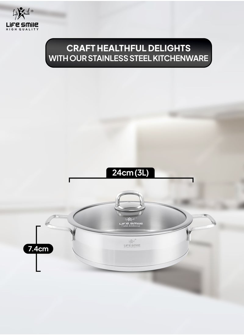 Life Smile 24cm (3 Liter) LIFE SMILE Shallow Pot with Lid - 18/10 Pure Stainless Steel - Induction Base Double Handle Fry Pan - Non-Toxic, 100% PFOA, PTFE & PFOS Free - Oven Safe Saute Pan  - Image 3