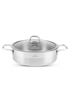24cm (3 Liter) LIFE SMILE Shallow Pot with Lid - 18/10 Pure Stainless Steel - Induction Base Double Handle Fry Pan - Non-Toxic, 100% PFOA, PTFE & PFOS Free - Oven Safe Saute Pan