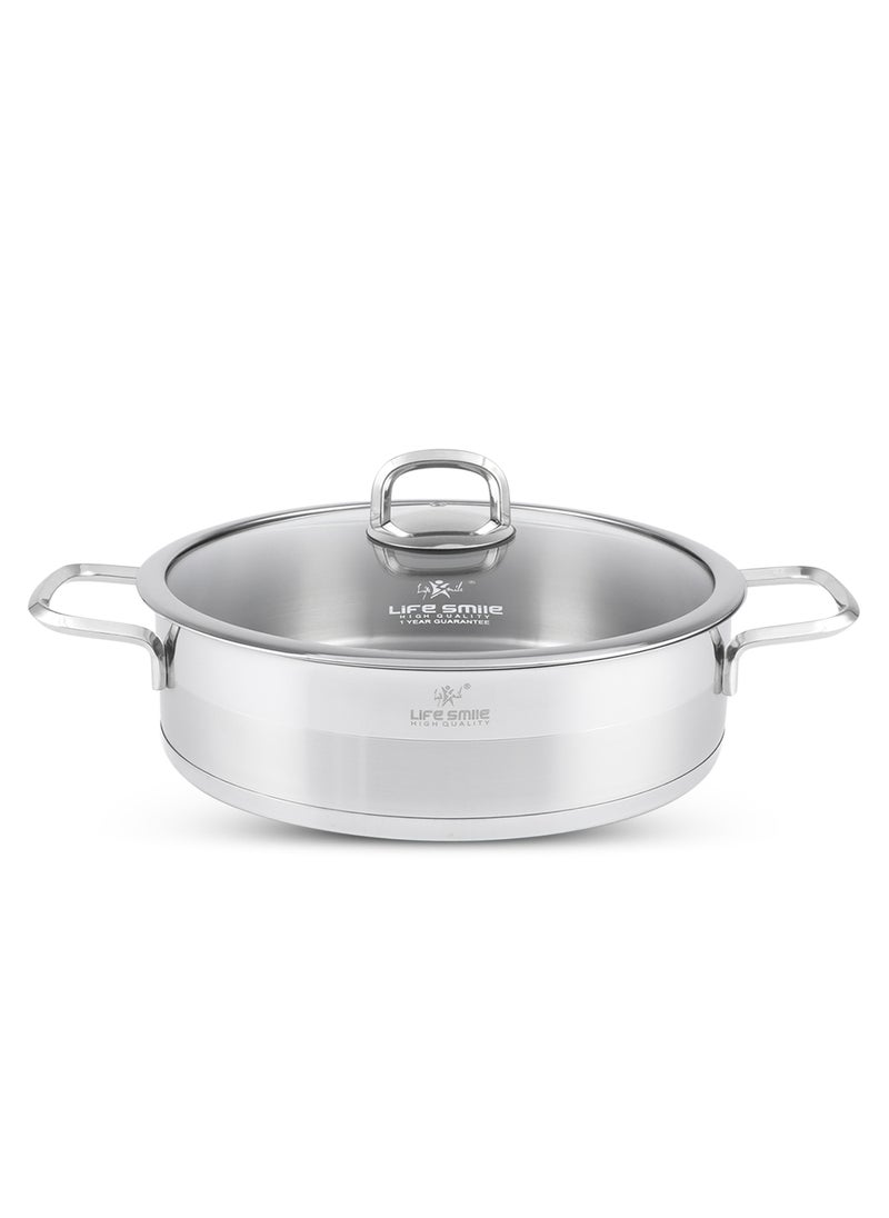 Life Smile 24cm (3 Liter) LIFE SMILE Shallow Pot with Lid - 18/10 Pure Stainless Steel - Induction Base Double Handle Fry Pan - Non-Toxic, 100% PFOA, PTFE & PFOS Free - Oven Safe Saute Pan  - Image 1