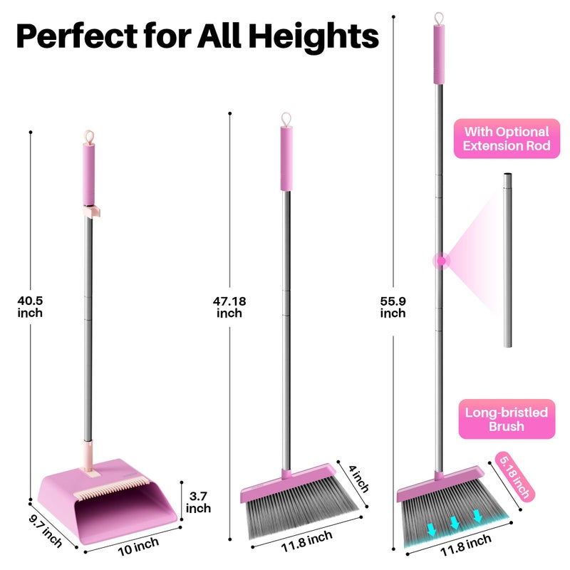 JOYMOOP Pink Broom and Dustpan Set, Upright Angle with Built-in Comb Teeth for Kitchen, Lobby, Pet Hair and Hard Floors - Image 4