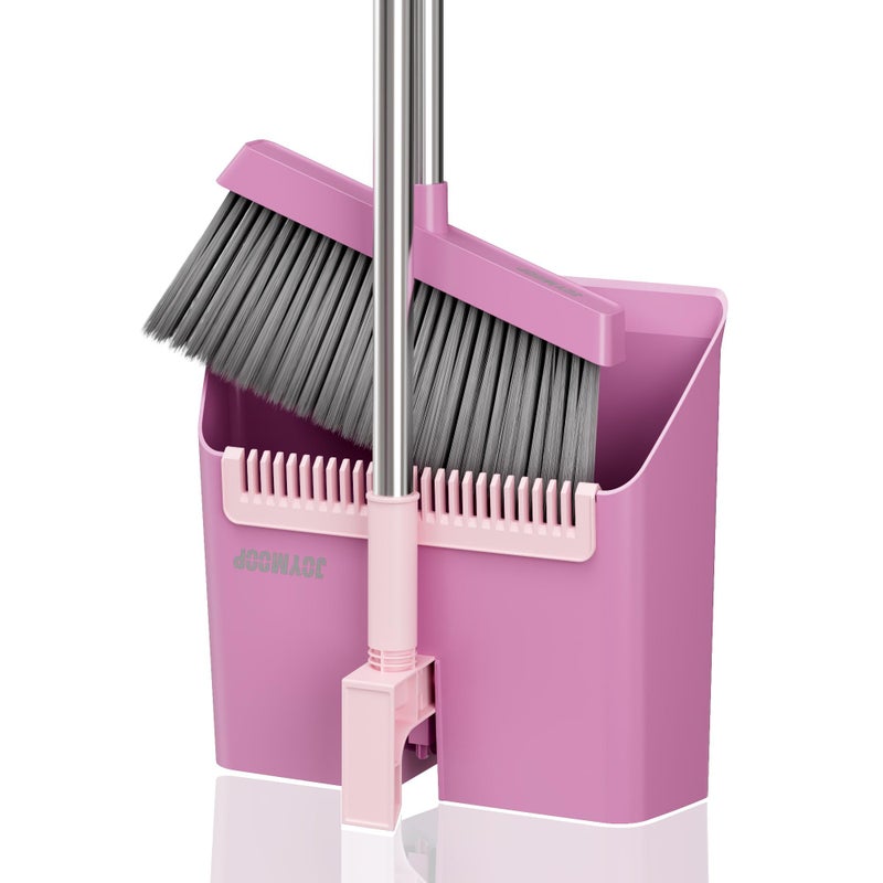 JOYMOOP Pink Broom and Dustpan Set, Upright Angle with Built-in Comb Teeth for Kitchen, Lobby, Pet Hair and Hard Floors - Image 1