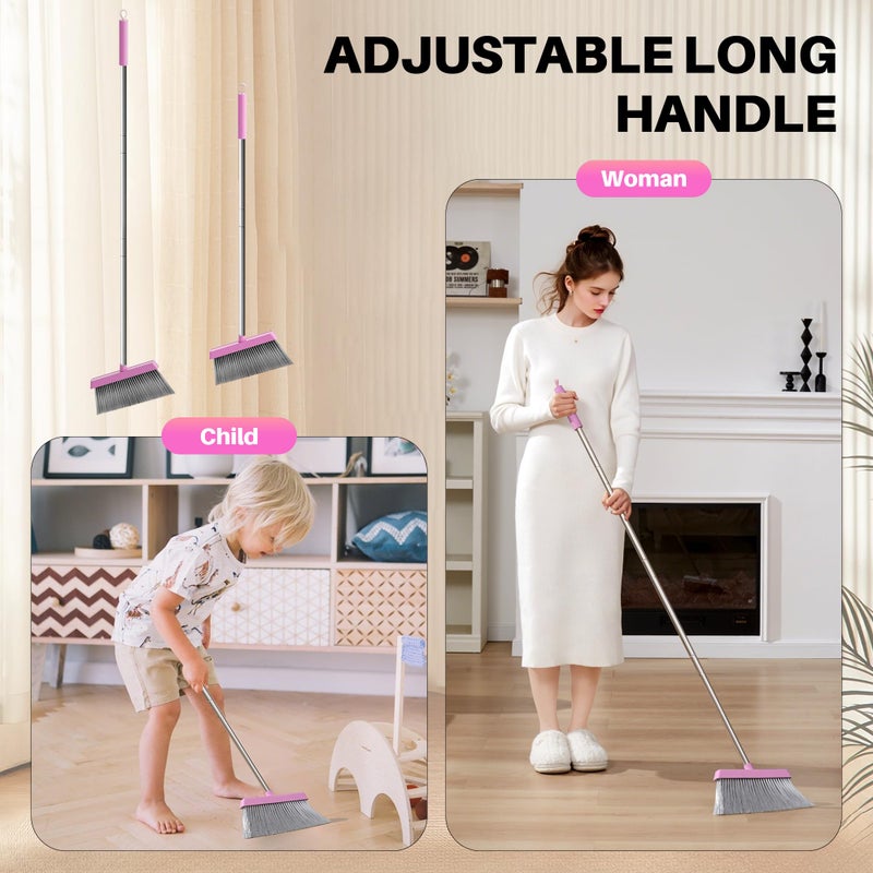 JOYMOOP Pink Broom and Dustpan Set, Upright Angle with Built-in Comb Teeth for Kitchen, Lobby, Pet Hair and Hard Floors - Image 3
