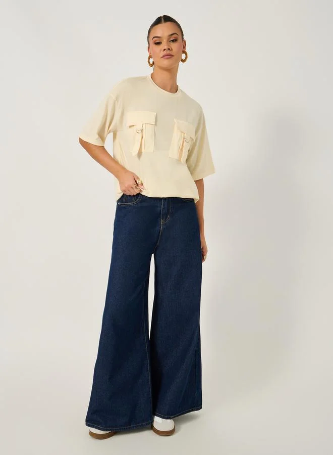 Styli Double Utility Pocket Solid Oversized T-Shirt