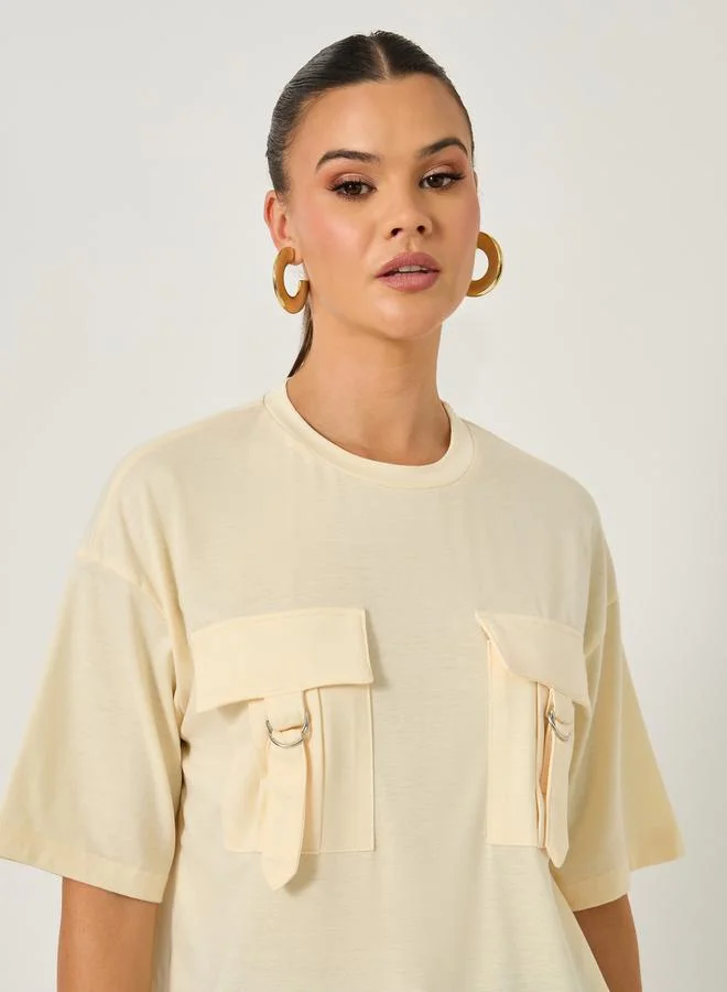 Styli Double Utility Pocket Solid Oversized T-Shirt