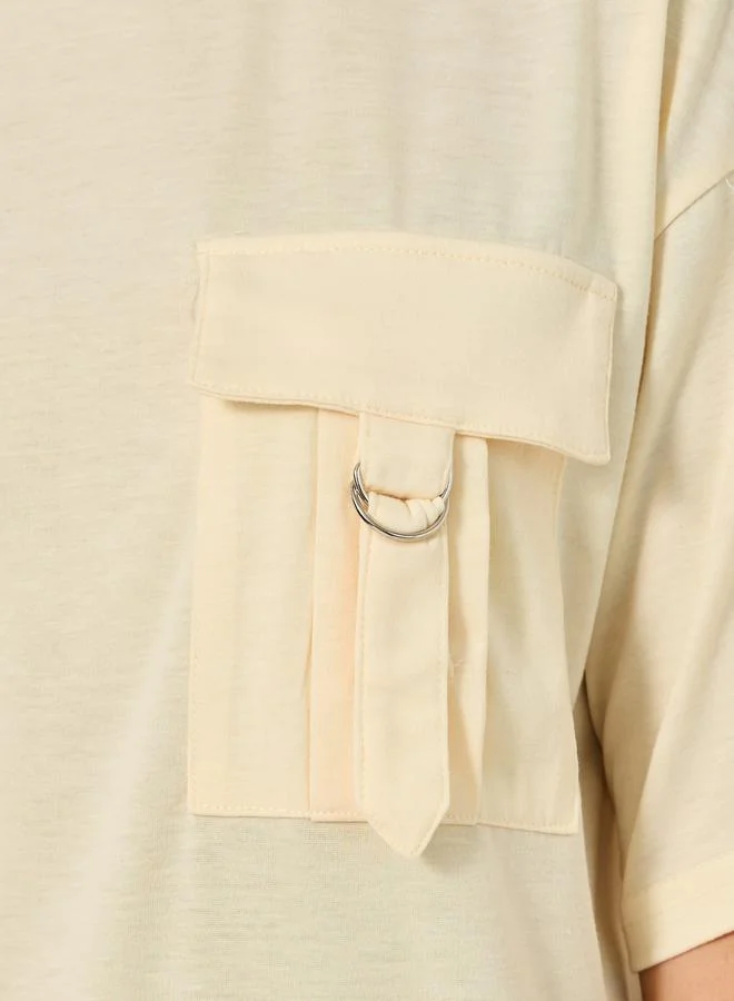 Styli Double Utility Pocket Solid Oversized T-Shirt