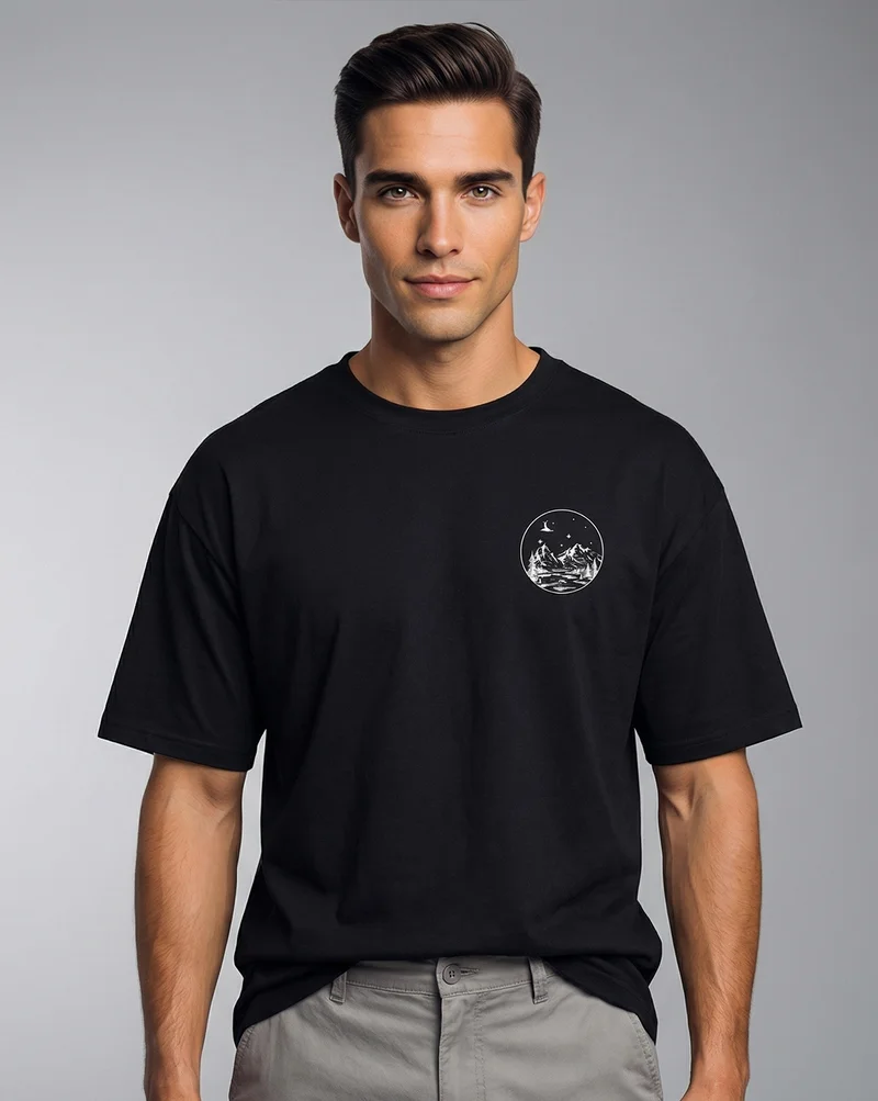 NOBERO Black Oversized Graphic Print T-Shirt for Men