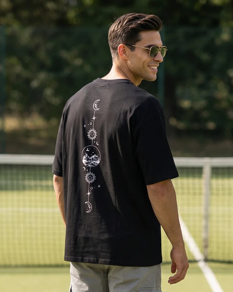 NOBERO Black Oversized Graphic Print T-Shirt for Men
