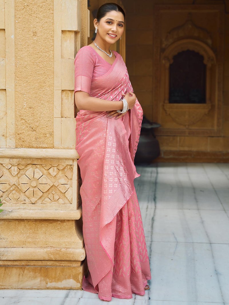 Satrani Women's Silk Blend Weaving Saree with Unstitched Blouse Piece (4088S212N_Light Pink1) - Image 2
