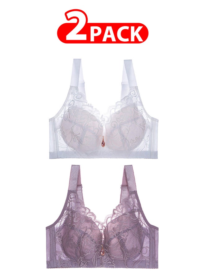 MARGOUN 2 Pack For Women's Medium Size Lace Bra Wide Straps Wireless Bralettes with Full Cup Pads Bras for Ladys Women 38/85 Purple White - Image 1