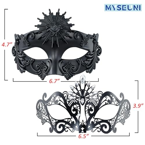 MYSEUNI 2025 New Black Masquerade Mask for Couple - Roman Greek Venetian Mask Men & Shiny Metal Rhinestone Filigree Venetian Masks for Costume Cosplay Prom Mardi Gras Party - Image 2