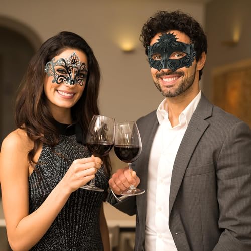 MYSEUNI 2025 New Black Masquerade Mask for Couple - Roman Greek Venetian Mask Men & Shiny Metal Rhinestone Filigree Venetian Masks for Costume Cosplay Prom Mardi Gras Party - Image 4