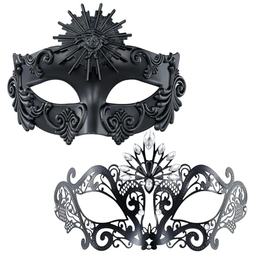 MYSEUNI 2025 New Black Masquerade Mask for Couple - Roman Greek Venetian Mask Men & Shiny Metal Rhinestone Filigree Venetian Masks for Costume Cosplay Prom Mardi Gras Party - Image 1