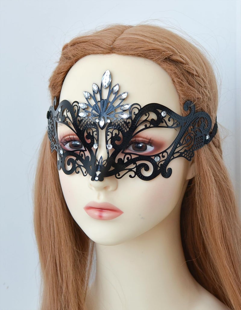 MYSEUNI 2025 New Black Masquerade Mask for Couple - Roman Greek Venetian Mask Men & Shiny Metal Rhinestone Filigree Venetian Masks for Costume Cosplay Prom Mardi Gras Party - Image 3