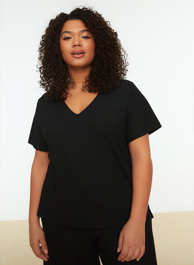 trendyol Black Ribbed V-Neck Capri Length Knitted Pajama Set TBBSS22PT0237 - Image 3