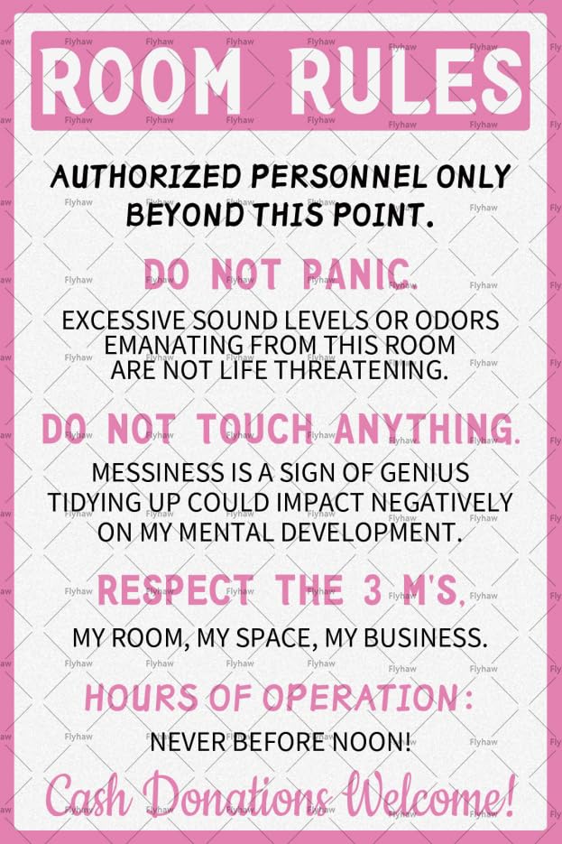 Flyhaw Room Rules Sign For Teen Girls Tin Sign Pink Preppy Room Decor Metal Sign Teen Girl Stuff Cute Teenage Door Sign Girls Birthday Holidays Gift 12x8 Inch - Image 1