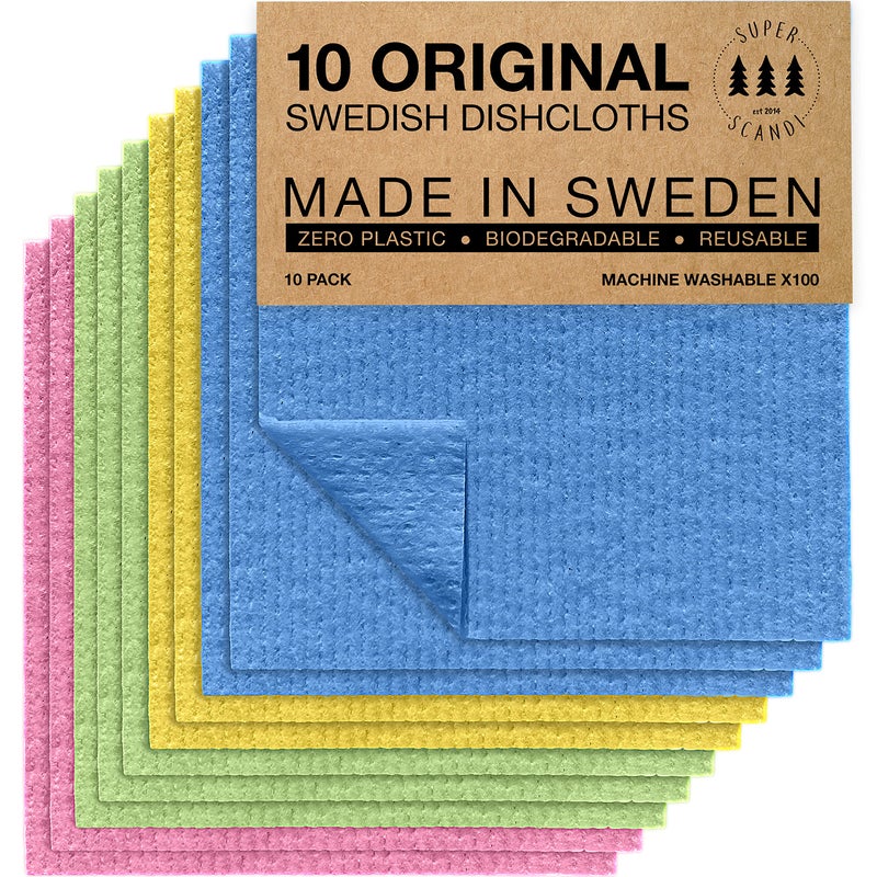 SUPERSCANDI 10 Pack Reusable Cleaning Cloths  100 Biodegradable  Compostable  Washable Swedish Dishcloth  FoodSafe  PlasticFree  Kitchen Cloth Suitable for Any Surface Pink Green Blue