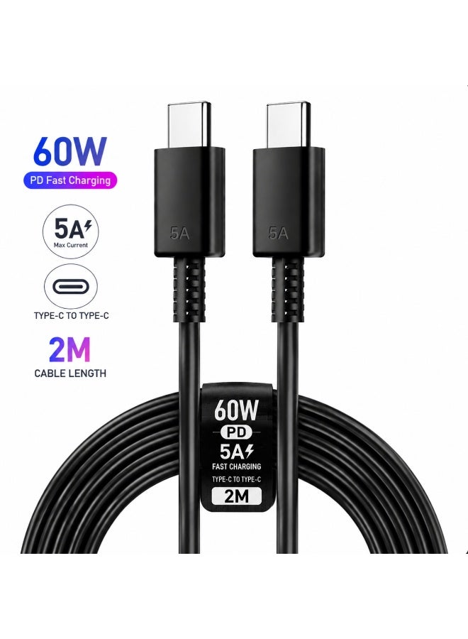 60W 5A PD Fast Charging Type-C to Type-C Cable, Extra Long Durable USB-C Data Sync Cord for Samsung Galaxy S24/S23 & Laptops (2m, Black) - Image 1