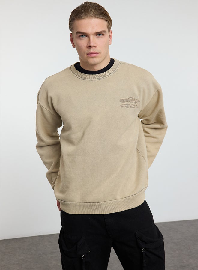 trendyol Beige Oversize/Wide Cut Vintage/Faded Effect Embroidered Sweatshirt - Image 1