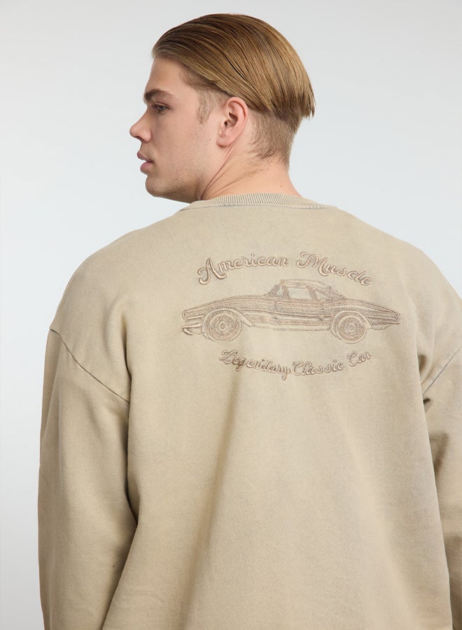 trendyol Beige Oversize/Wide Cut Vintage/Faded Effect Embroidered Sweatshirt - Image 2