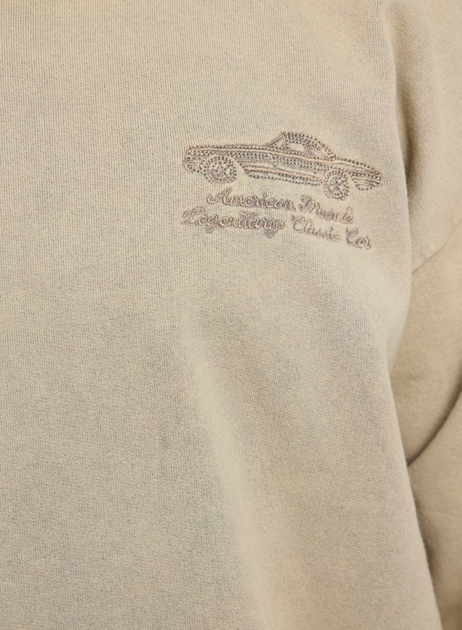 trendyol Beige Oversize/Wide Cut Vintage/Faded Effect Embroidered Sweatshirt - Image 4