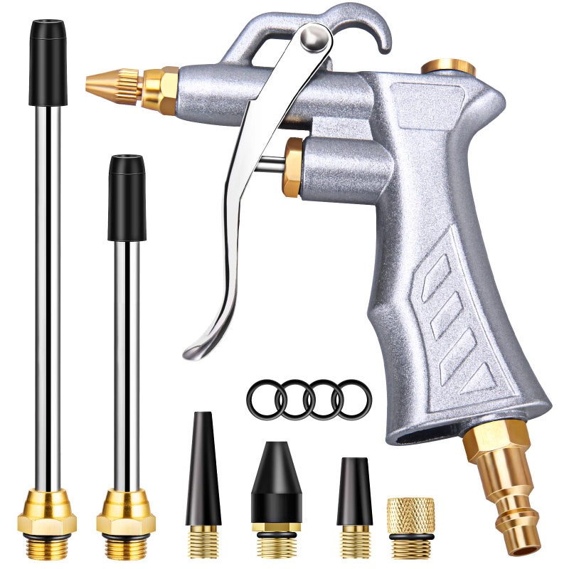 JASTIND Industrial Air Blow Gun with Brass Adjustable Air Flow Nozzle and 2 Steel Extension, Pneumatic Air Compressor Accessory Tool Dust Cleaning and Blower Gun - Image 1