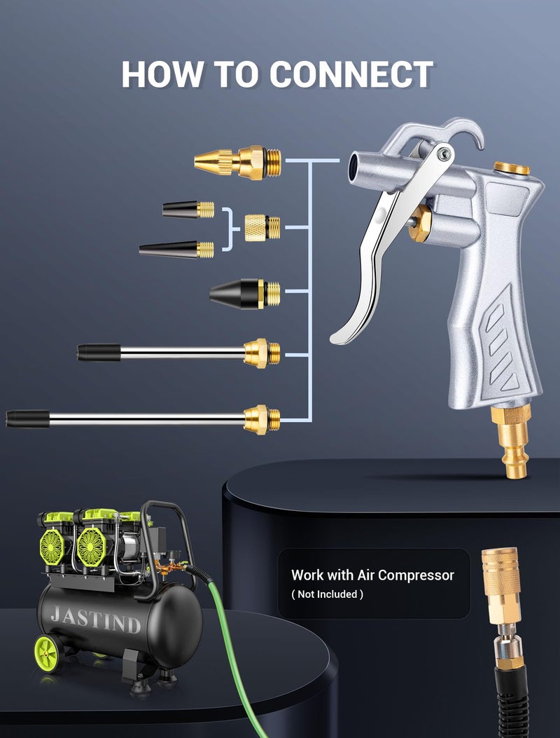 JASTIND Industrial Air Blow Gun with Brass Adjustable Air Flow Nozzle and 2 Steel Extension, Pneumatic Air Compressor Accessory Tool Dust Cleaning and Blower Gun - Image 3