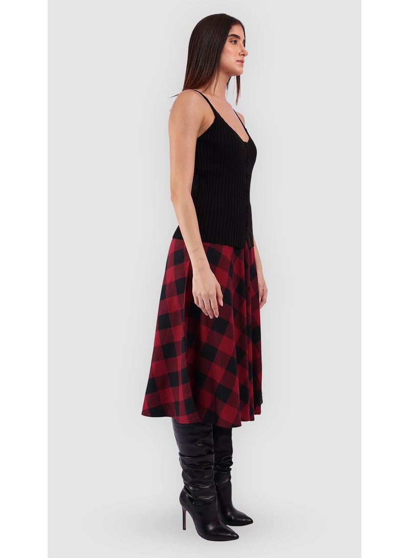 KYVELi Women’s Checked Midi Skirt with Flared Hem – Red - Image 3