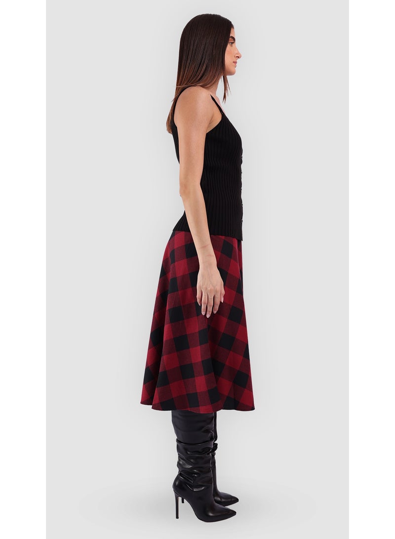 KYVELi Women’s Checked Midi Skirt with Flared Hem – Red - Image 4